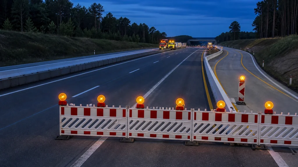 KI-Symbolbild einer abgesperrten Autobahn mit Warnbaken; keine Aufnahme der konkreten A46-Sperrung.