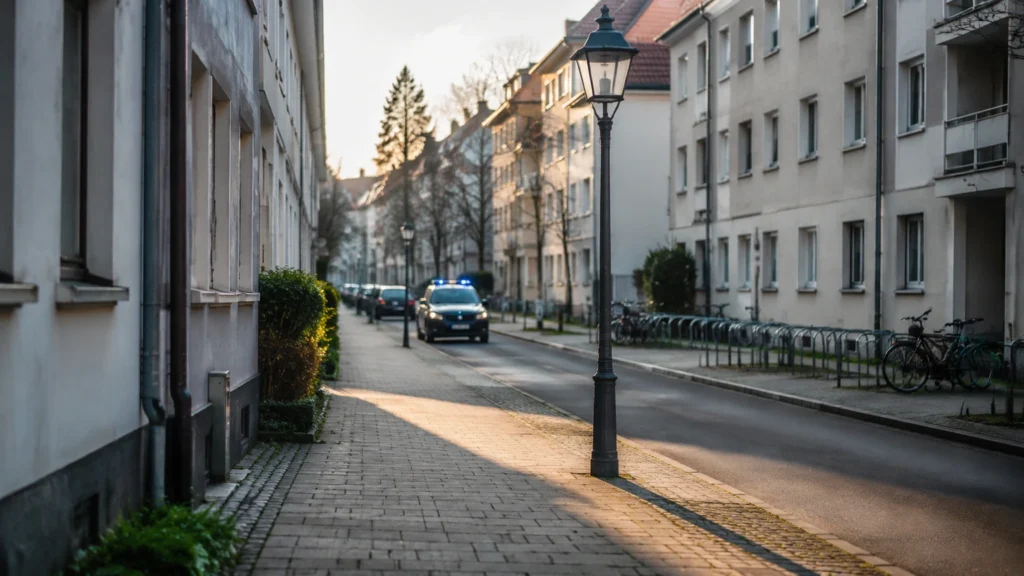 KI-Symbolbild einer neutralen Straße mit Einsatzlicht im Hintergrund; keine Rekonstruktion des Überfalls.