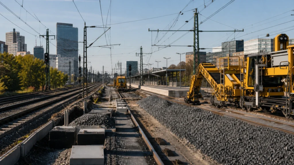 KI-Symbolbild einer Gleisbaustelle mit Baumaschinen; keine Aufnahme der aktuellen Bauarbeiten.