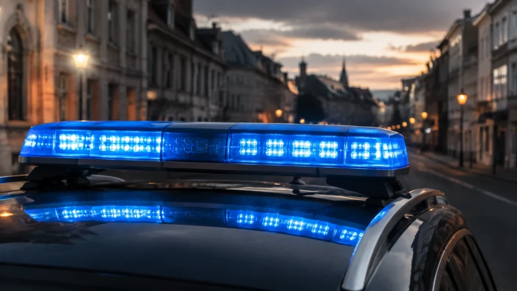KI-Symbolbild mit blauem Einsatzlicht auf einem neutralen Fahrzeug; keine Aufnahme des Angriffs oder beteiligter Personen.