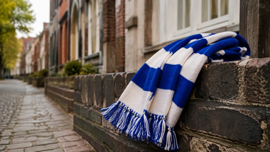 KI-Symbolbild mit blau-weißem Fußballschal in neutralem Stadtumfeld; keine Aufnahme der geplanten Meile.