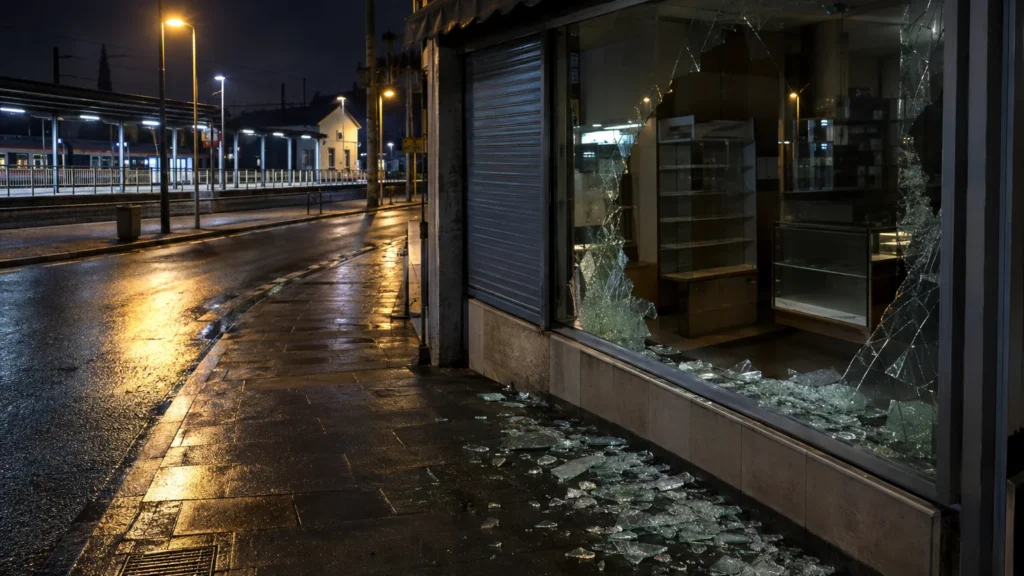 KI-generiertes Symbolbild: Zerbrochene Schaufensterscheibe an einer nächtlichen Straße nahe einem Bahnhof.