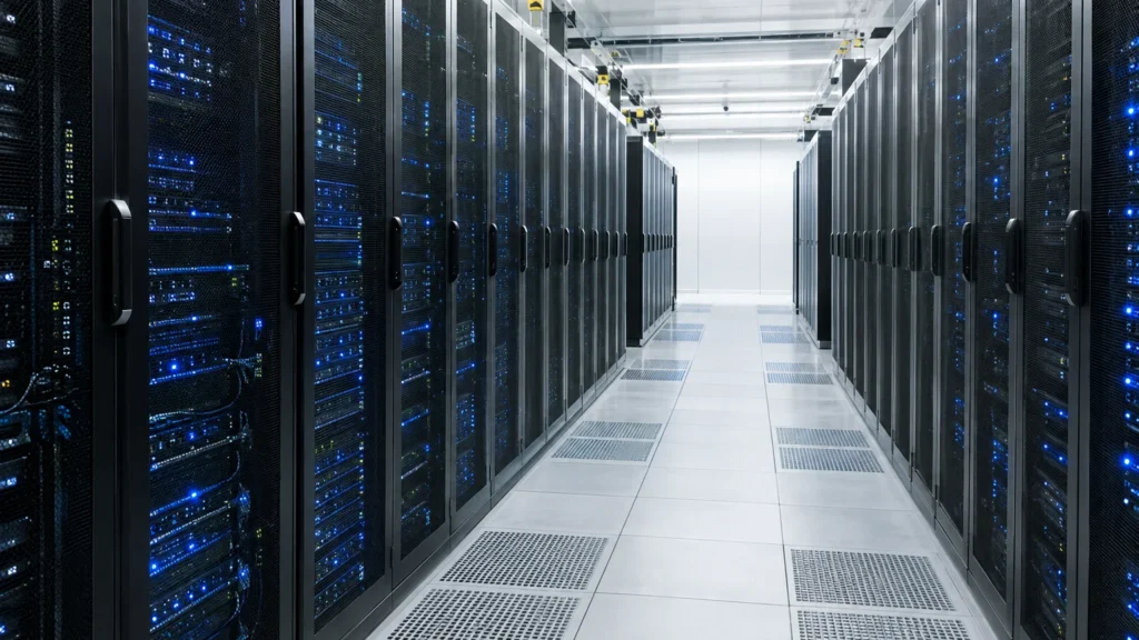 KI-generiertes Symbolbild: Heller Serverraum mit Reihen von Serverschränken und blauen Statusleuchten.