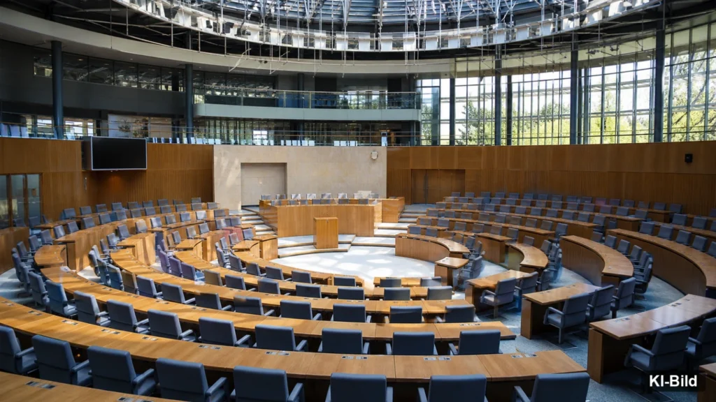 KI-Symbolbild eines parlamentarischen Plenarsaals; keine Aufnahme der angekündigten Anhörungen.