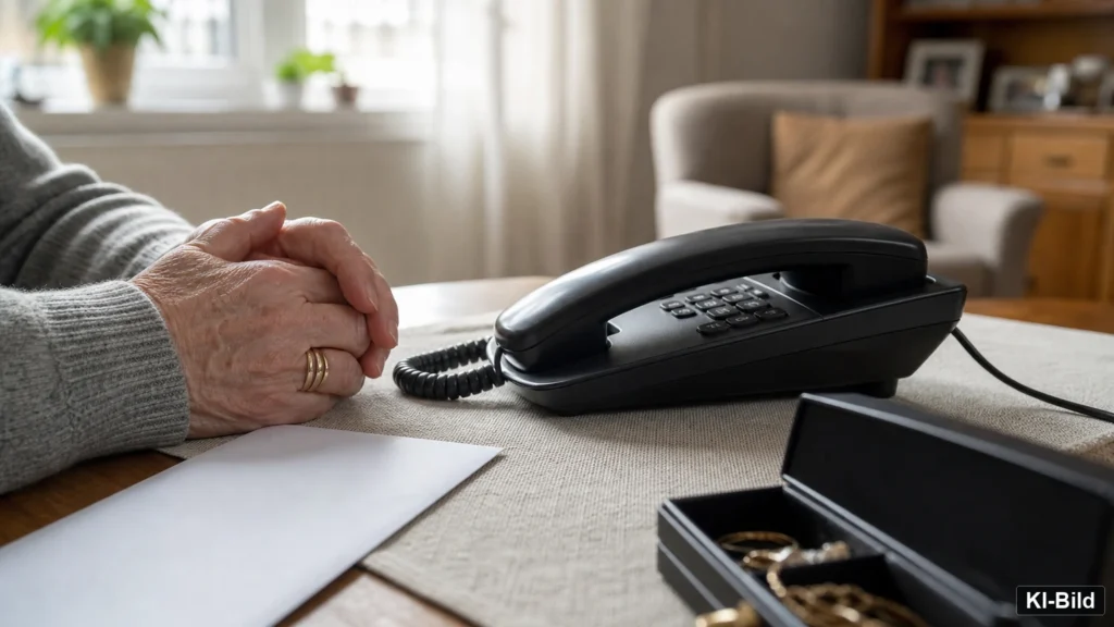 KI-Symbolbild zu Telefonbetrug mit Telefon, gefalteten Händen und Schmuckkästchen; keine betroffene Person.