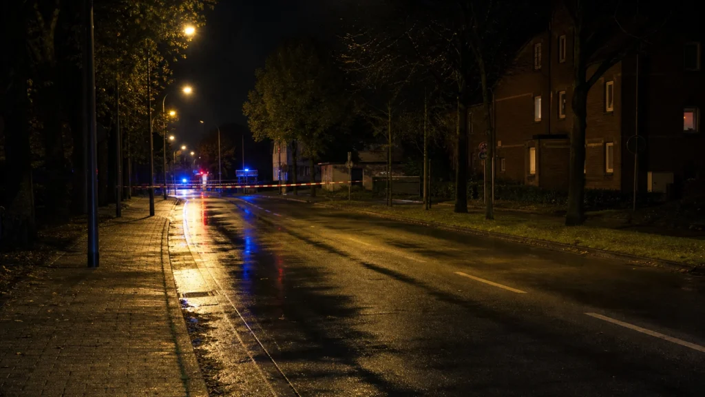 KI-generiertes Symbolbild: Nächtliche Straße mit Absperrung und Blaulicht in der Ferne.