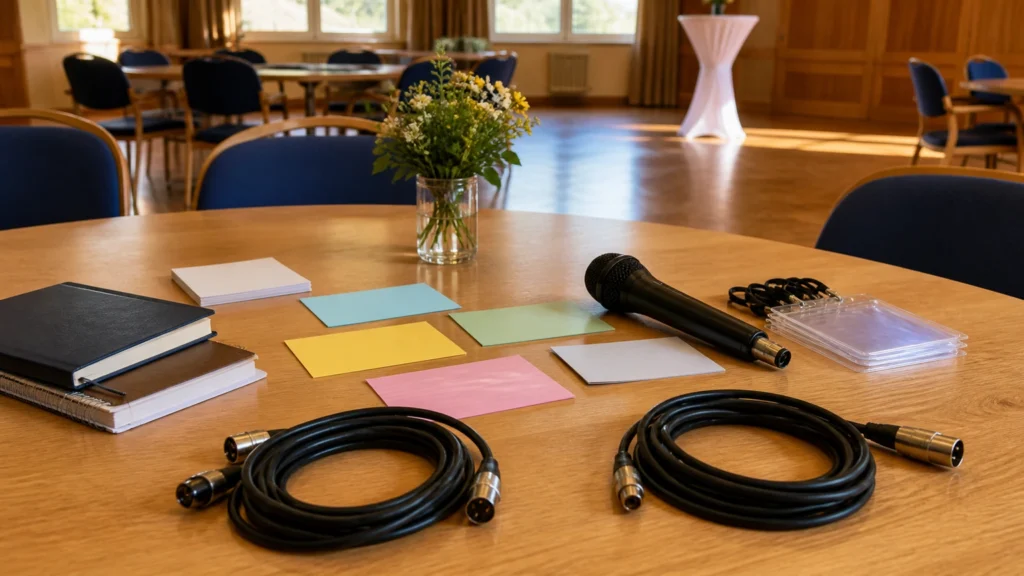 KI-Symbolbild mit Planungsmaterial und Mikrofon in einem Gemeinschaftsraum; keine Aufnahme eines konkreten Workshops.