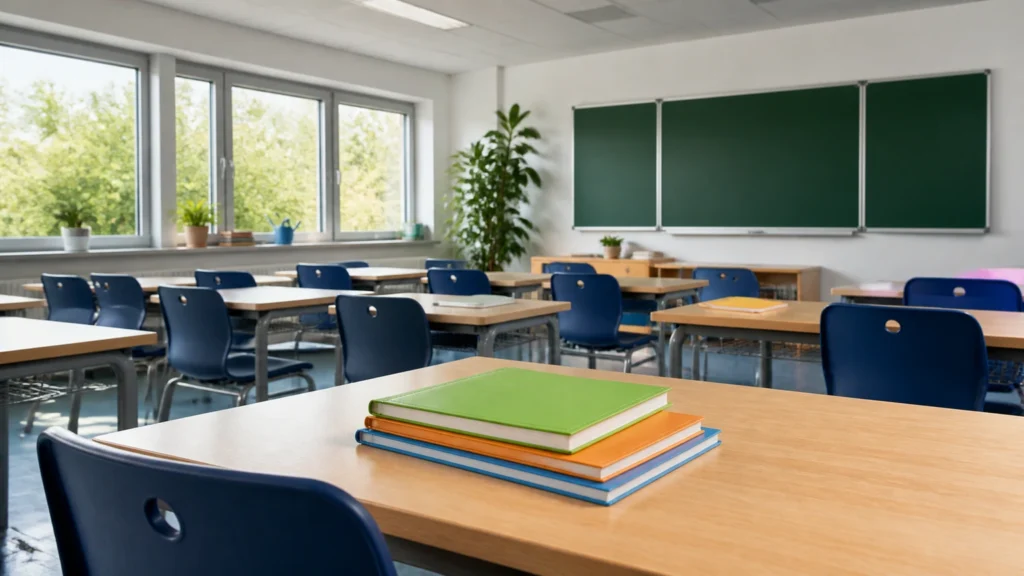 KI-Symbolbild eines hellen, leeren Klassenzimmers; keine konkrete Schule.