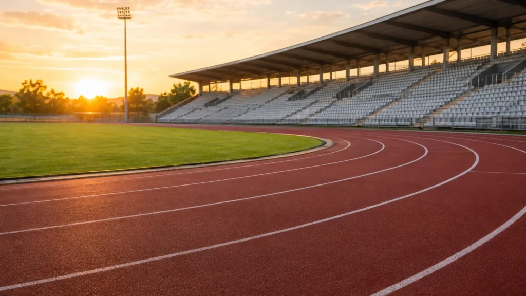 KI-generiertes Symbolbild: leeres Leichtathletikstadion mit roter Laufbahn im Abendlicht.