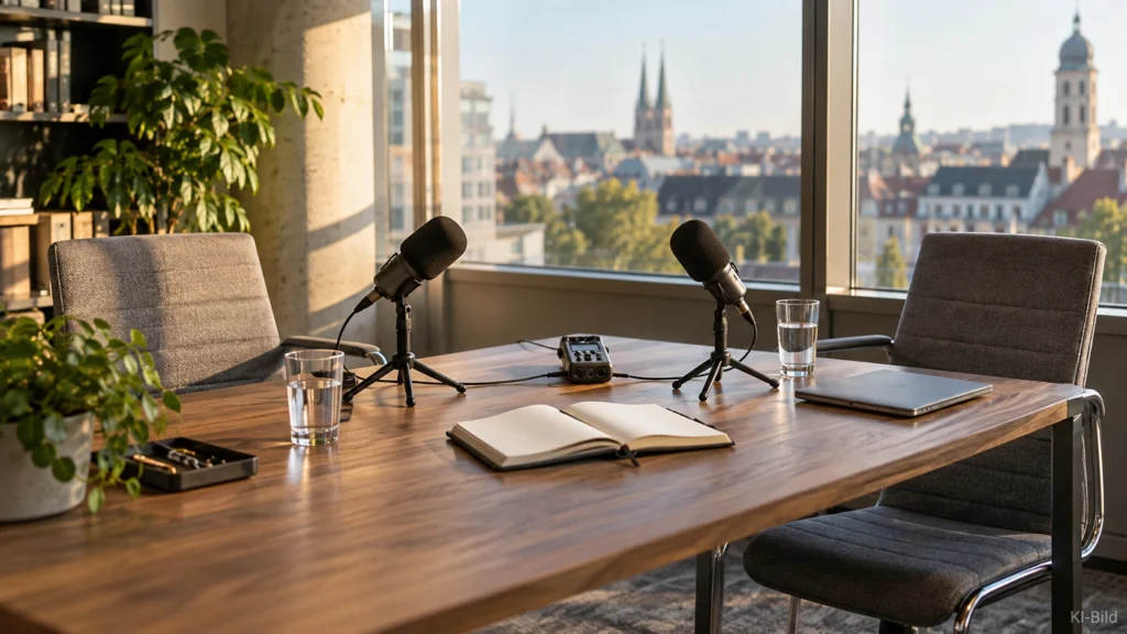 Zwei leere Stühle mit Mikrofonen und Notizbuch an einem hellen Interviewtisch.
