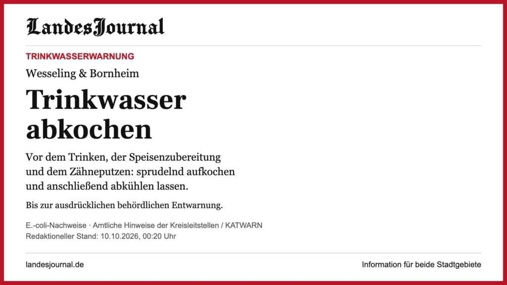 LandesJournal-Informationsgrafik mit rotem Rahmen: Trinkwasserwarnung für Wesseling und Bornheim. Wasser vor Trinken, Speisenzubereitung und Zähneputzen sprudelnd aufkochen und abkühlen lassen. Gilt bis zur ausdrücklichen behördlichen Entwarnung.