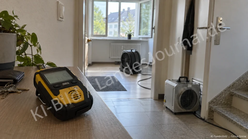 KI-Symbolbild: Gasmessgerät und Belüftung vor einem fiktiven Wohnhaus; keine Aufnahme des Wuppertaler Einsatzes.